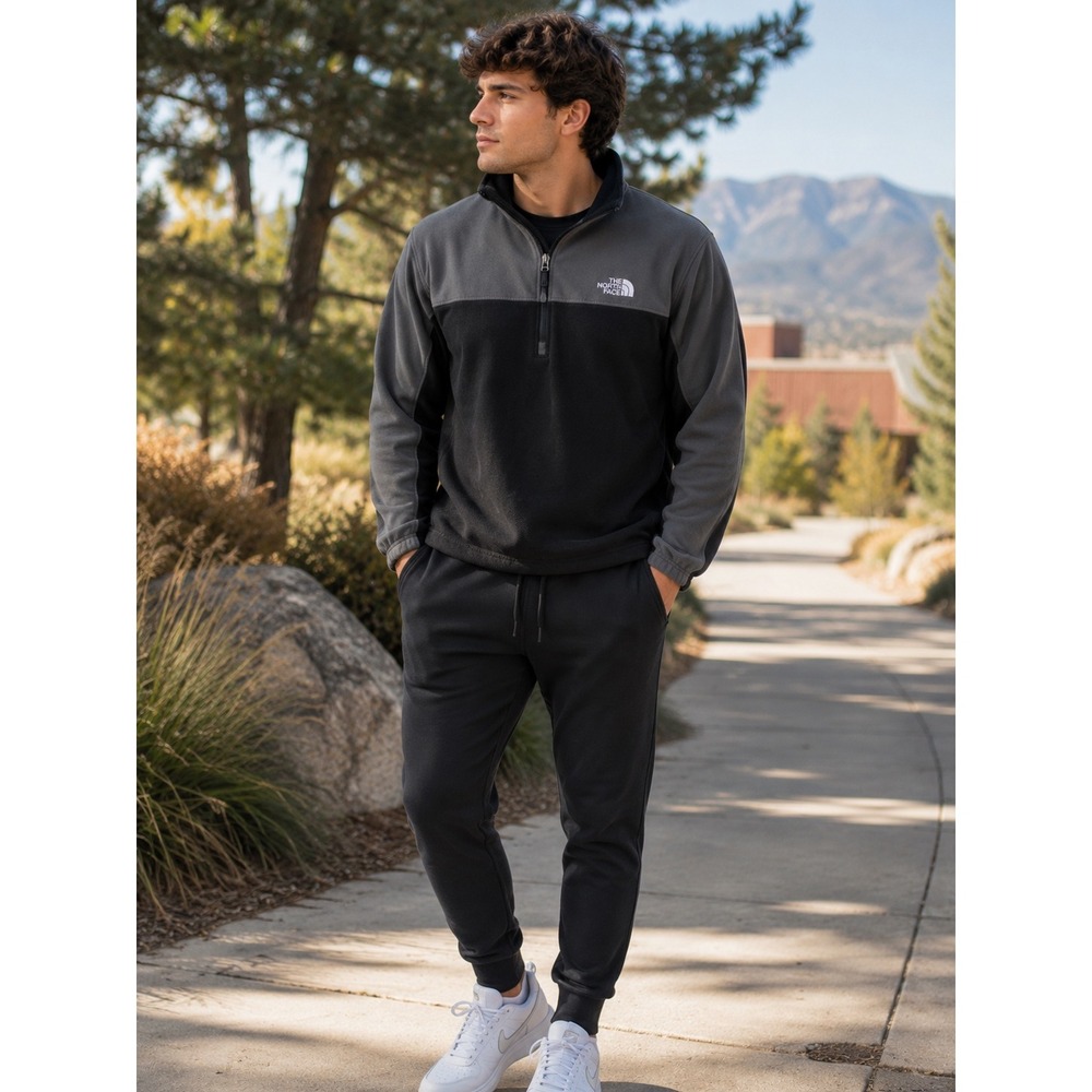 The North Face Hybrid Fleece Softshell Quarter Zip Pullover Gray Black Men M